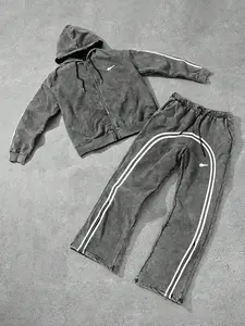 Men's Vintage Wash Sportswear Set, Hoodie Zipper Jacket & Wide Leg Pants, Striped Side Color Block, Street Style, Comfortable Fabric, Streetwear Tracksuit Set