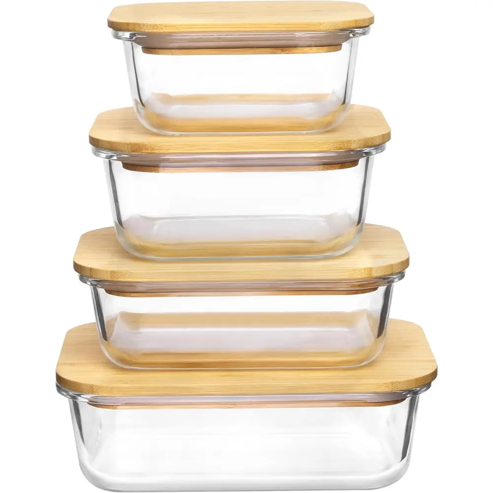 Kitchen 4-Pack Airtight Glass Food Storage Containers with Bamboo Lids & Silicone Seals, BPA-Free Utensils, Stackable Meal Prep Organizer, On-the-Go Lunch Container, Fridge Safe for Microwave, Oven, Freezer, Dishwasher