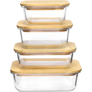 Glass Food Storage Containers with Bamboo Lids, 4 Pack. Safe for Microwave, Oven, Freezer and Dishwasher, BPA Free