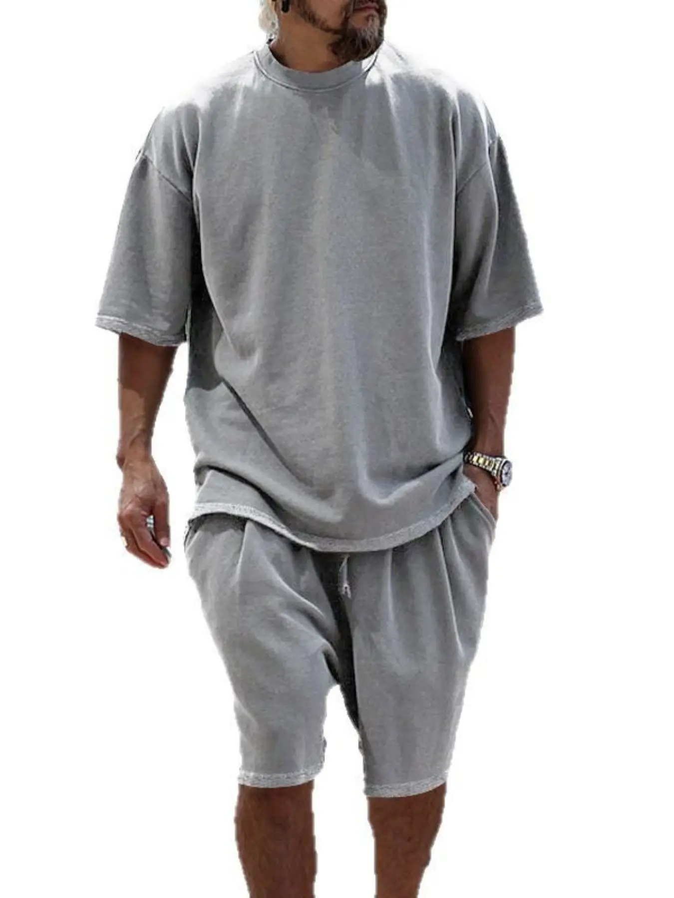 Men's Summer Casual Set, Pure Color Round Neck Short Sleeve Knit Tee & Shorts, Classic Loose Fit Sportswear, Comfortable Daily Wear Outfit, Clothes, Menswear