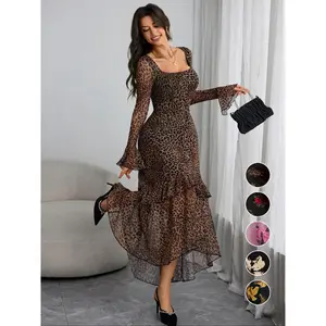 Women's Leopard Print Ruffle Trim Fitted Dress, Elegant Fashion Casual Square Neck Long Sleeve Flared Dress for Daily Outdoor Wear, Women Dress for All Seasons, Milkmaid Dress, Fabric, Womenswear