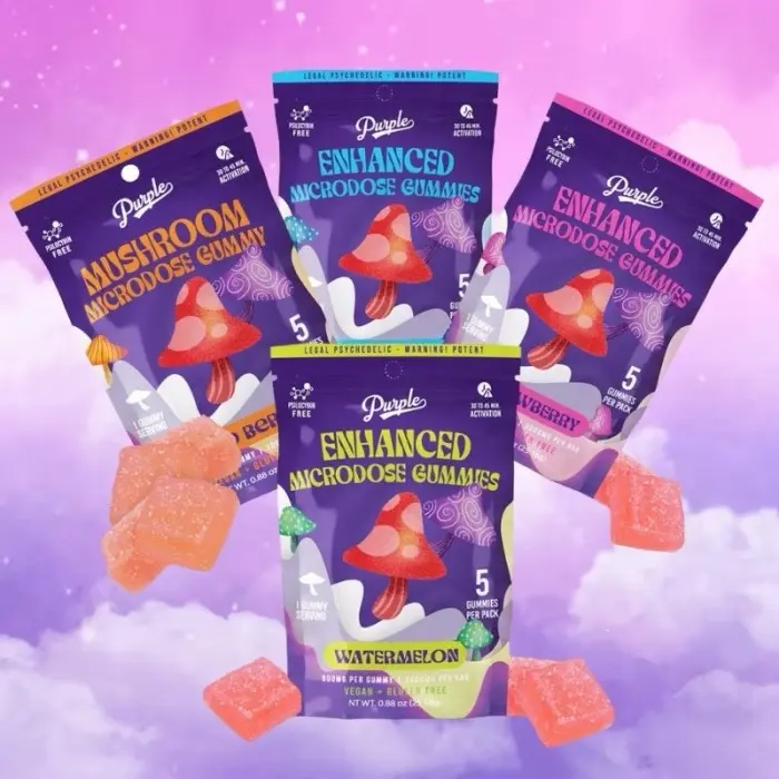 Purple Micro Gummies, 6 Count, High Potency Plant-Based Mushroom Gummies, Soft Micro Gummies, 100% Organic Ingredients, High-Enhanced Quality Formula, Freshness-Sealed, Travel-Friendly Packaging, Proudly Made in USA