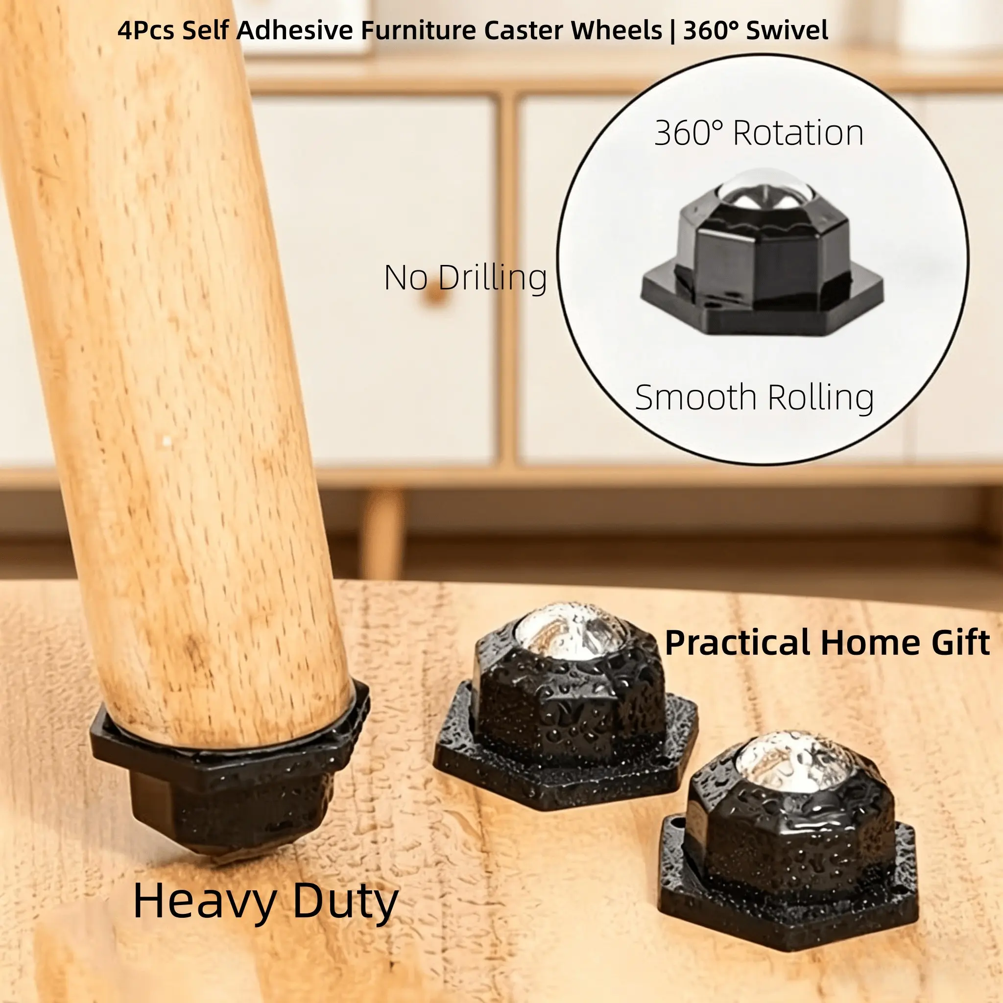 4Pcs Heavy Duty Furniture Caster Wheels, 360° Rotatable Self Adhesive Casters, Smooth Rolling for Heavy Furniture, Multifunctional Universal Swivel Wheels, Furniture Moving Wheels, Ideal Housewarming & Holiday Gift