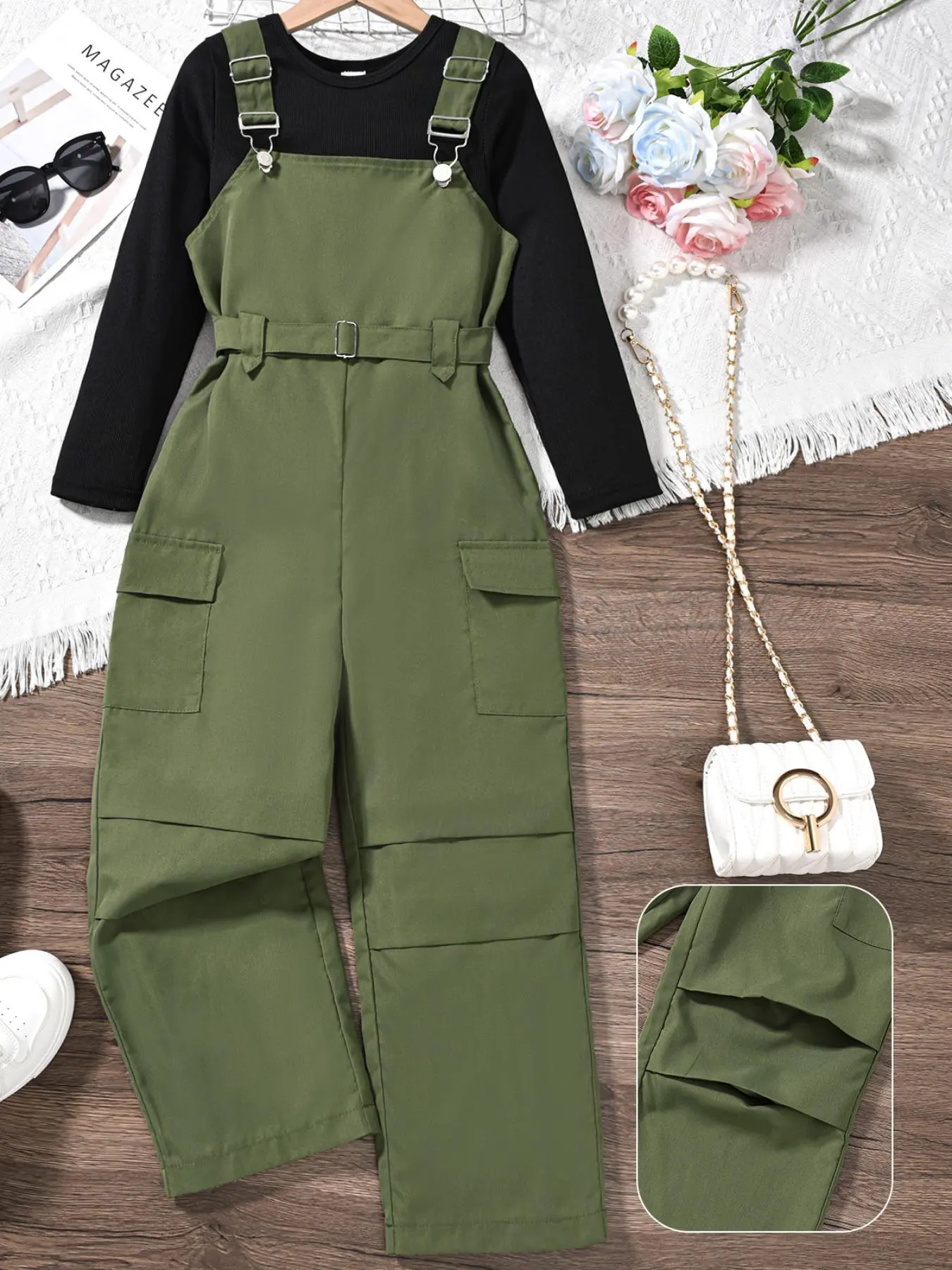 Two-Piece Set Girl's Solid Color Belted Overalls & Round Neck Tee Set, Matching Outfit Set Casual Long Sleeve Top & Pocket Overalls for Fall & Winter, Kids Clothes for Daily Wear Fashion Clothes Sets