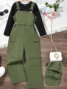 Two-Piece Set Girl's Solid Color Belted Overalls & Round Neck Tee Set, Casual Long Sleeve Top & Pocket Overalls for Fall & Winter, Kids Clothes for Daily Wear, Fashion Clothes Set