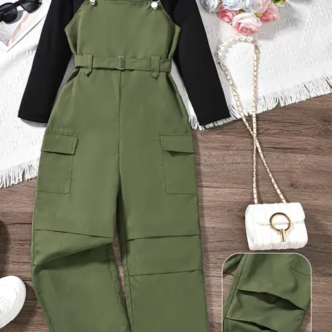 Two-Piece Set Girl's Solid Color Belted Overalls & Round Neck Tee Set, Matching Outfit Set Casual Long Sleeve Top & Pocket Overalls for Fall & Winter, Kids Clothes for Daily Wear Fashion Clothes Sets