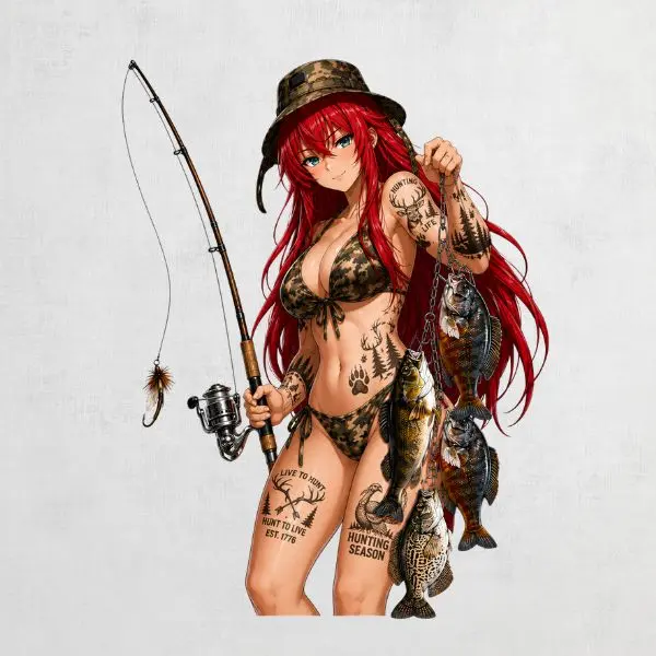 Rias Gremory Fishing Sticker, Anime Hunter Girl Camo Premium Vinyl Decal, Waterproof UV Resistant Car Truck Laptop Tumbler Sticker