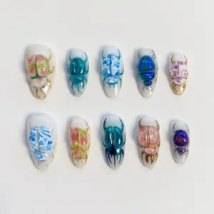 3D Flower Ladybug Scarab Beetle Press On Nails Colorful 3D Gel