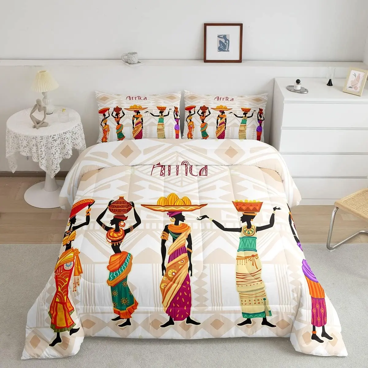 Feelyou Modern Decorative Bedding Set - King Size, Queen Size Options, African-Inspired Style Duvets & Sets, African Woman Ethnic Afro Culture Exotic Print, Soft Fabric Traditional Linen Comforter Included