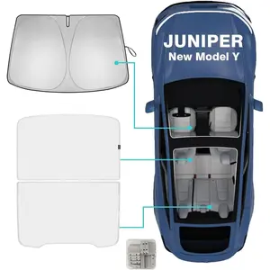 BestEvMod 3PCS Windshield&Roof Sunshade Compatible with 2026 2025 Tesla New Model Y Juniper Foldable Sun Shade Accessory Heat UV Protection Visor Accessories with Storage Bag (Roof+Windshield, Gray)