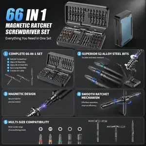 66 in 1 Magnetic Ratchet Screwdriver Set with S2 Steel Bits, H6.35 & H4 Precision Bits, Long Bits, Multi‑Function Handle for Electronics, Home & Bike Repair