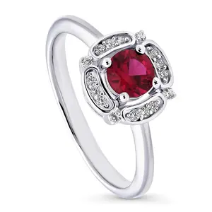 BERRICLE Sterling Silver Halo Flower Ring for Women, Ruby-Red Round Cut Cubic Zirconia CZ