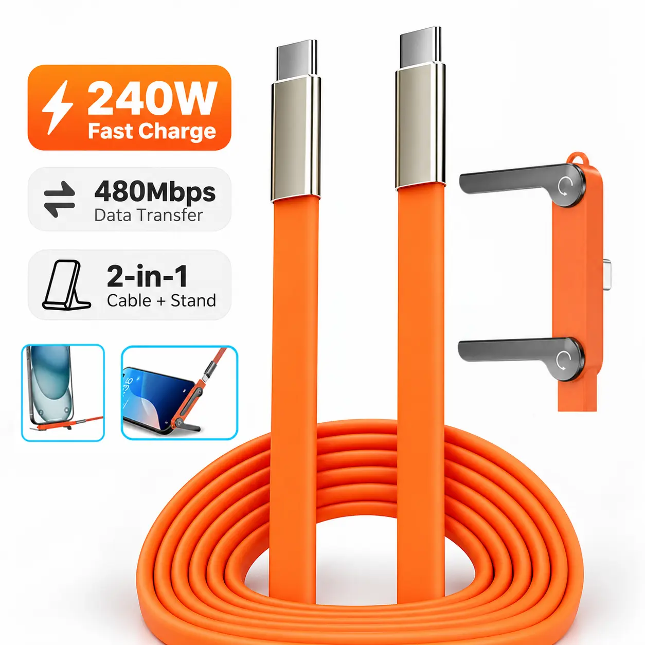 240W Fast Charging Invisible Holder Charger Cable with Stand Compatible with Type-C Charging Cable, 2-in-1 Fast Charging Cord & Phone Stand for Gaming, Office, Car, Travel