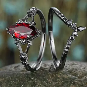 Garnet Engagement Ring Set of 2, Bridal Jewelry Set, Artistic Wedding Rings for Women, Daily Wear and Gift Accessories