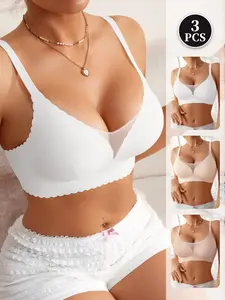 Women's Wireless Push-Up Bra Set, Elegant V-Neck Design, Medium Support, Plain Pattern, All Seasons Wear, Comfortable Daily Underwear