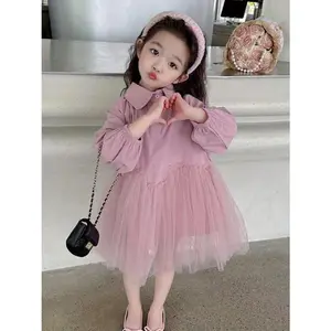 Girls' Cute Long Sleeve Princess Dress with Ruffled Collar, Layered Mesh Skirt for Easter & Birthday Parties, Ages 7-8