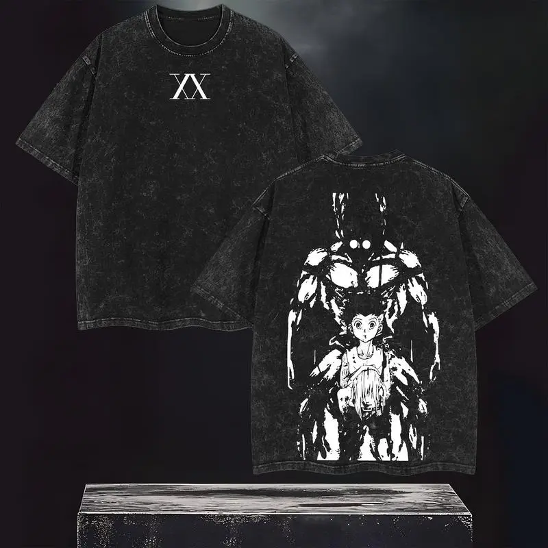 Men's Oversized Anime Graphic Tshirt, Distressed Acid-Washed, Short Sleeve Lightweight Crewneck, Casual Streetwear, Shortsleeve, Vintage, T-Shirt, Figure, Cotton, Short Sleeves For Easy Everyday Wear, Festive, Tops, Round Neck, All Seasons