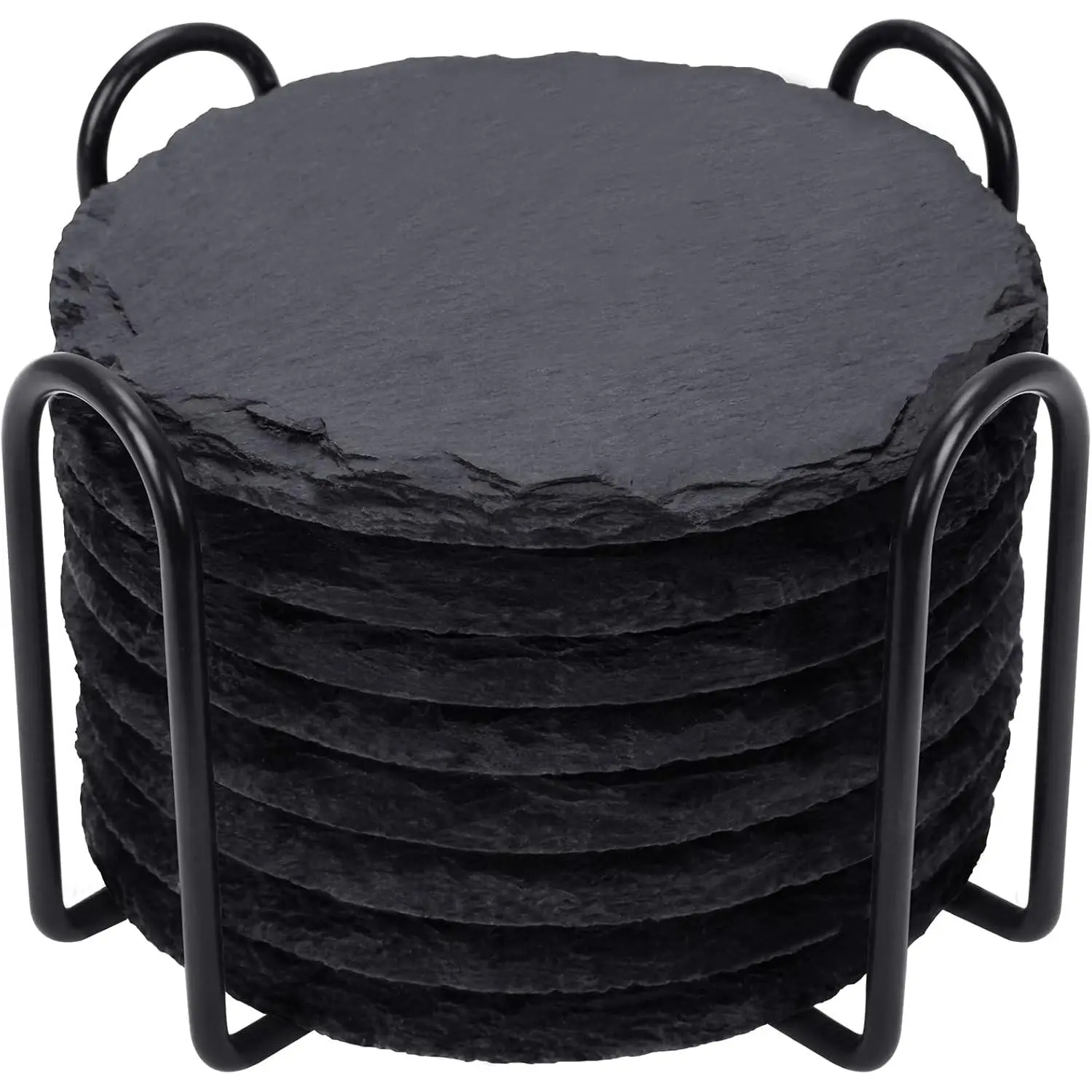 Slate Drink Coasters with Metal Holder,  Set of 8 Black Coasters, 4 Inch Stone Coaster Set Tabletop Protection for  Kitchen Apartment Bar Decor Housewarming Gifts Wedding Party, Round