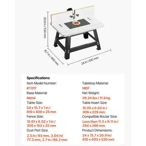 fathersdaygift VEVOR Benchtop Router Table, 24 inx 15.7 in, Bench Top Routing Table with Adjustable Fence, MDF Top, Sturdy Metal Base, 2-1/2 in Dust Collection Port, Compatible with Routes Various Drill Bits