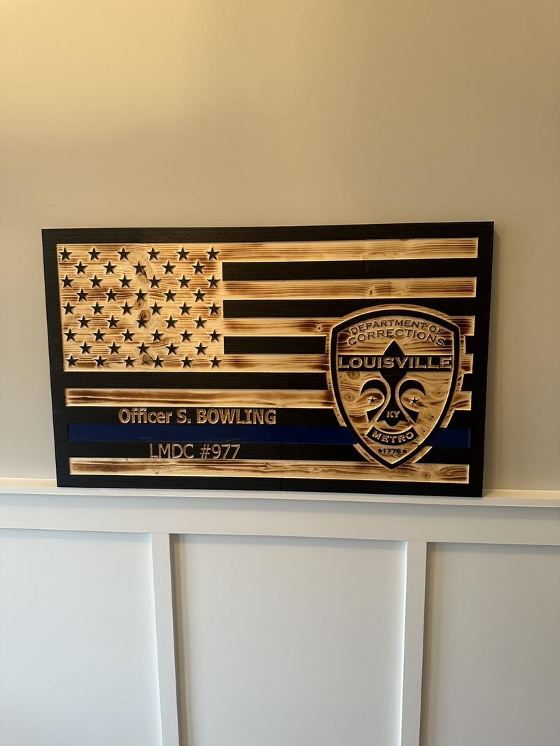 Custom engraved wooden American flags for police, firefighters, veterans or active duty military make great decor and hangable.
