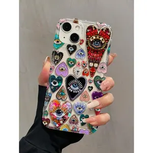 Heart 1pc Feather & Rhinestone Eye Pattern TPU Shockproof Phone Case, Compatible With Apple 16, 15, 14, 13, 12, 11 Pro Max