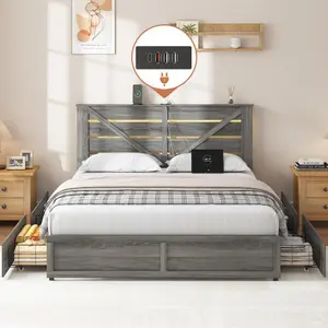 Full/Queen Size Storage Bed Frame with Storage Headboard (4 Storage Drawers on Bed Body + LED Lighting) ¨C Anti-Slip & Noise-Free Metal Mattress Support Platform + Sturdy Metal Slat Base, Grey