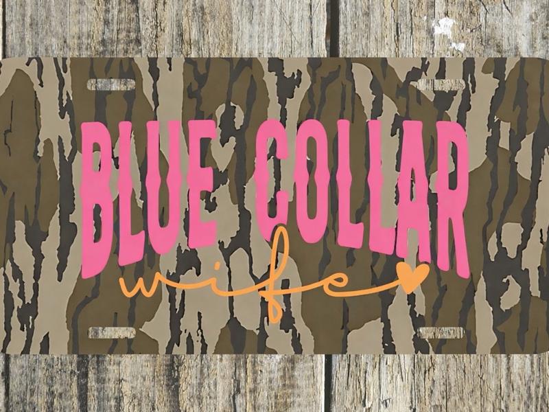 Bottomland Camo Blue Collar Wife Vehicle Tag - Car Tag/ Vanity Plate, Aluminum License Plate Decoration, Gifts