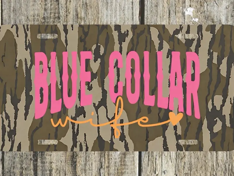 Bottomland Camo Blue Collar Wife Vehicle Tag - Car Tag/ Vanity Plate, Aluminum License Plate Decoration, Gifts