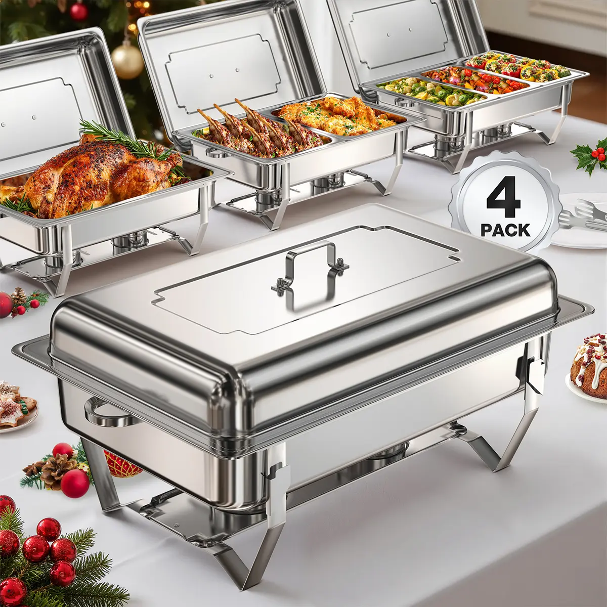 dealsforyoudays WARMOUNTS 9QT Rectangular Chafing Dishes for Buffet – Choose Full-Size or Multi-Size Food Pans, Foldable Frame, Large Chafing Dish Set with Mirror-Polished Stainless Steel, Rolled Rim, for Parties & Catering (2/4/6 Pack)
