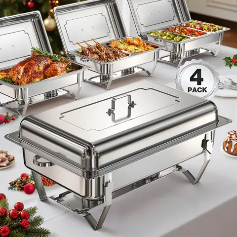 [tiktokshopstockup] WARMOUNTS 9QT Rectangular Thermal Casserole Chafing Dishes - Mirror-Polished Stainless Steel, Foldable Frame, Rolled Rim, Full-Size/Multi-Size Pans, Maintains Temp, Dishwasher Safe, Leak-Proof, 2/4 Pack for Parties, Catering, Bakeware