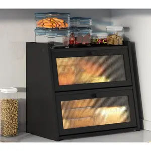 viewcare Black Bread Box, Double Layer Large Bread Box for Kitchen Counter, Bamboo Bread Storage Container with Wavy Acrylic Transparent Door