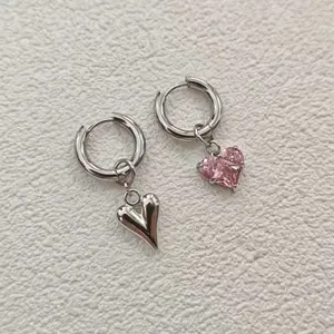 Studded Pink Heart-shaped Hoops Earrings For Women,Hypoallergenic Jewelry Love Accessories Crystal Rhinestone Y2k Asymmetrical Dangle Earrings