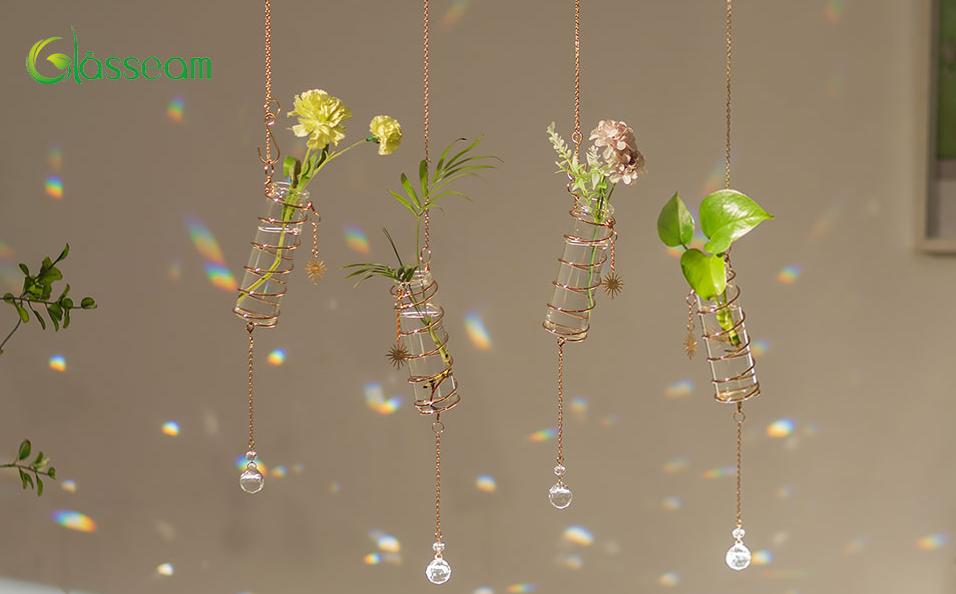 Glasseam 4Pcs Hanging Propagation Stations with Crystal Suncatchers, Glass Tubes Jars with Metal Chain Glass Wall Planters for Indoor Plants Hydroponics