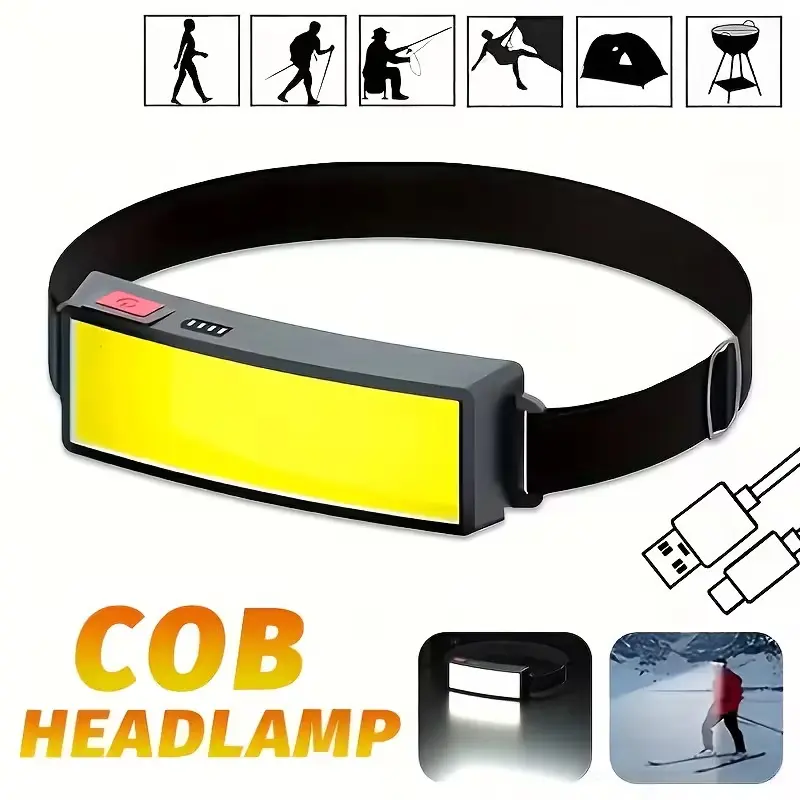 Bright LED headlamp with three lighting modes, USB‑rechargeable hands‑free flashlight, portable head‑mounted spotlight with adjustable angles, ideal for hiking, fishing, camping, outdoor work and home emergency lighting
