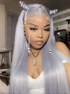 Silver Purple Long Straight Wig Cap, Synthetic Wigs, 26 Inch Lace Front Hairpiece, High-Quality Heat Resistant Fiber, Perfect for Cosplay Parties Travel