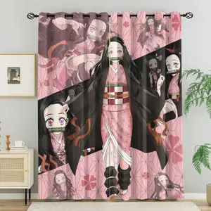 Demon Slayer Nezuko Window Curtains 2 Panels, Pink Anime Print Curtains for All Seasons, Bedroom & Living Room for Teens & Adults
