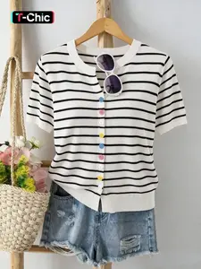 Women's Round Neck Colorblock Striped Button Front Casual Fashionable Knitted Top Sweater Cardigan, Summer Short Sleeve Knitwear, Everyday Stylish and Versatile Womenswear