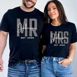 Menswear Unisex 2-Piece Cotton Top & Bottom Set - Classic Short-Sleeve Round Neck Graphic T-Shirt, Personalized MR & MRS Print, Simple Fashion Fit, Soft Fabric, Daily Casual Wear, Romantic Wedding Vibe, Ideal for Fathers