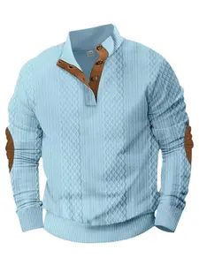 Men's Fall Winter Fashion Jacquard Plaid Colorblock Hoodie, Half Button Design, Elbow Patch, Textured