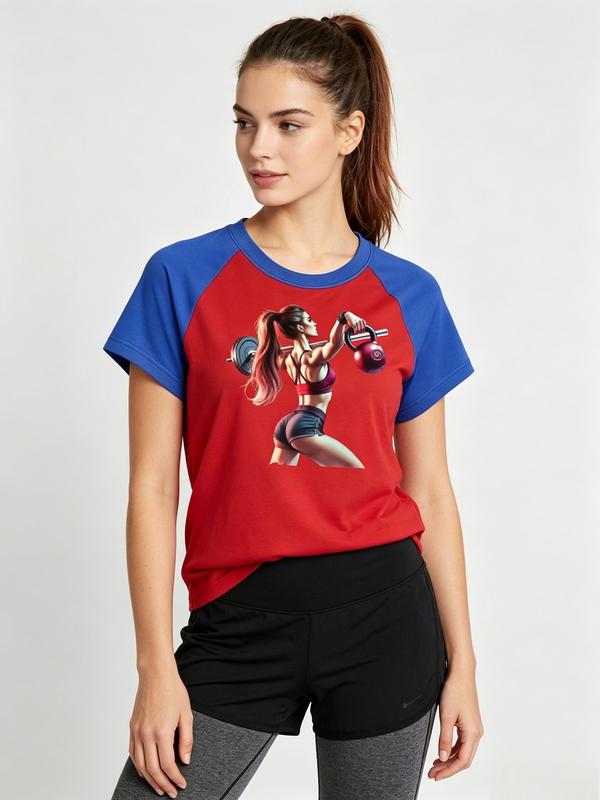Women's Cotton Blend Sporty Crew Neck Top - Raglan Block Color-Block, Fitted Cut, Medium Length, Quick Dry, Short-Sleeve Cropped, Blue-Red, Kettlebell Weightlifting Graphic - for Gym Workouts, Active Lifestyles