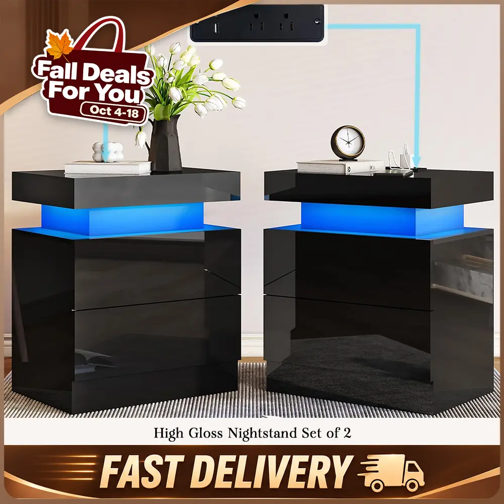 [TWO TABLES IN ONE BOX]VanAcc High Gloss Nightstand Set of 2 with Charging Station, Modern Bedside Table with LED Lights by App and Remote  Control, Sofa End Side Tables with Drawers, Minimalist Night Stand for Bedroom, Living Room  #TikTokShopBlackFriday