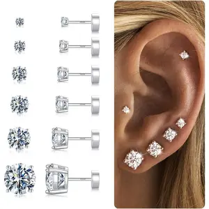 6 Pairs Hypoallergenic Silver Flat Back Earrings for Women,Stud Cartilage Earrings for Sensitive Ears Cubic Zirconia Ball Earring Screw Back Helix Conch Piercing Sets Trendy Jewelry Gifts
