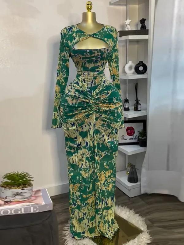 PULKRITU Women's All Over Print Cut Out Bodycon Dress, Fashion Casual Cocktail Party Dress for Daily Outdoor Wear, Women Dress for Autumn