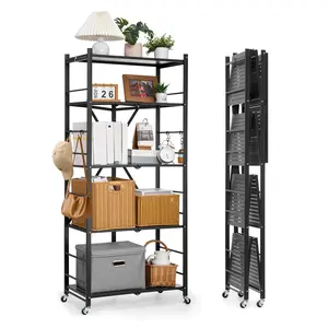 VEVOR 5-Tier Foldable Storage Shelf, 28W x 15D x 64H Inch Folding Metal Rack Shelving Unit, No Assembly Organizer Shelf with 5 Wheels & 4 Hooks for Pantry, Kitchen, Garage, Basement, Black