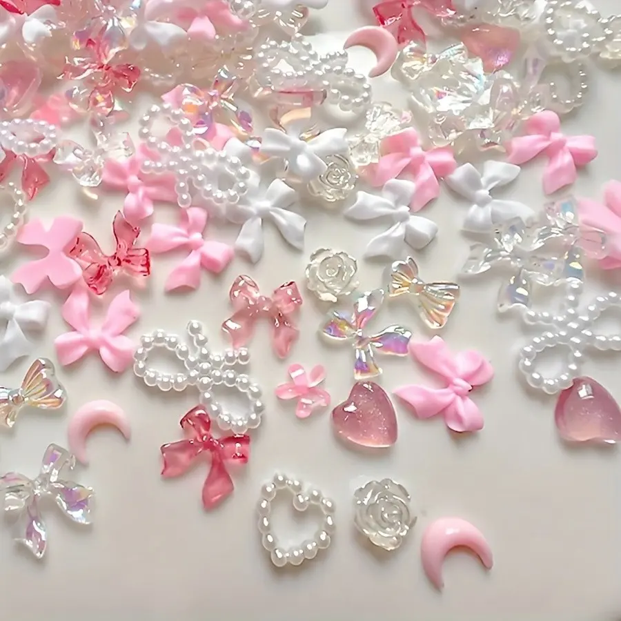 50pcs Ab Color Changing Rhinestones, Powder Bow Heart Flower Nail Art Decorations, Nail Art Products, DIY Phone Case Craft Supplies, Cute Mixed Nail Accessories