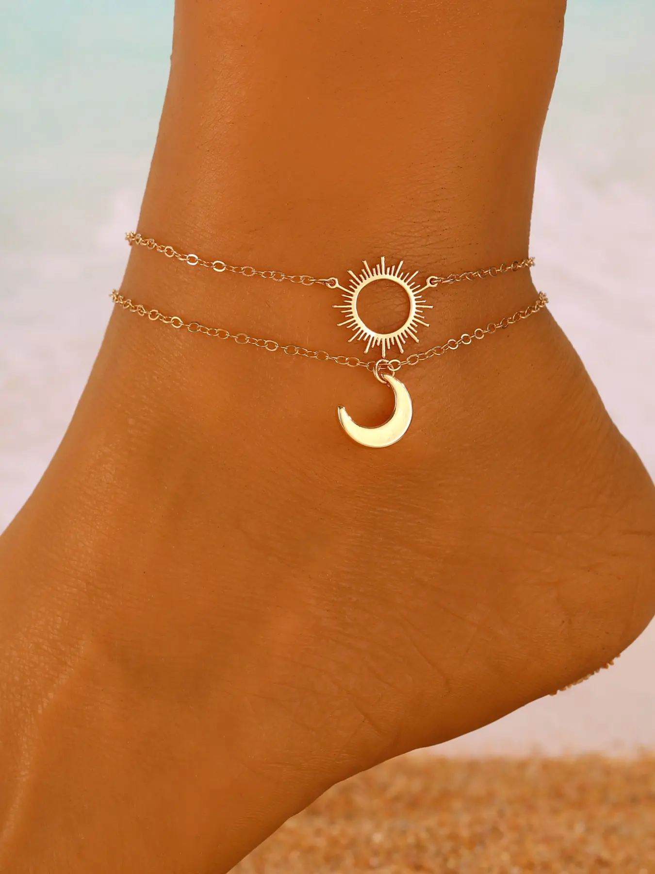Boho Sun Moon Couple Anklet Set, 2pc Hollow Out Design, Layered Wear, Copper Anklet, Beach Vacation Jewelry, Daily Accessory, Wearable Jewelry