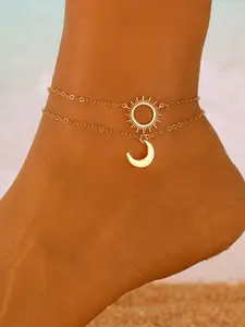 Boho Sun Moon Couple Anklet Set, 2pc Hollow Out Design, Layered Wear, Copper Anklet, Beach Vacation Jewelry, Daily Accessory, Wearable Jewelry