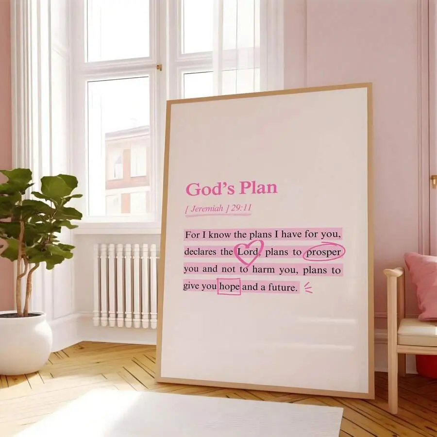 God’s Plan Jeremiah 29:11 Pink Christian Canvas Wall Art, Bible Verse Inspirational Quote Print, Minimalist Faith Bedroom Decor Unframed Canvas Poster, Frame Not Included