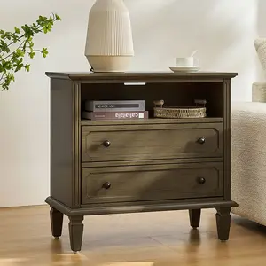 Hulala Galatea 2 - Drawer Solid Wood End Table with Two Drawers, Solid Wood Legs, Wire Management, Unique Handles, Vintage Design, Bedside