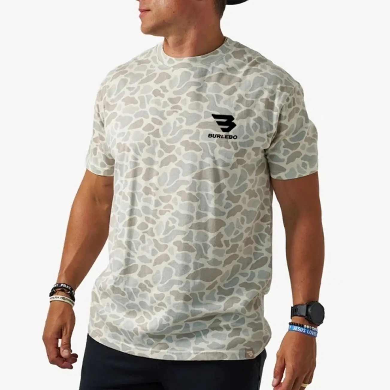 Burlebo Classic Deer Camo T-Shirt, Vintage Wash Short Sleeve T-Shirt in Duck Camo , Men's Light Grey Tan Camouflage Tee, Southern Country Boy Casual Wear, Summer Athletic Activewear, Sportsman Performance Gear